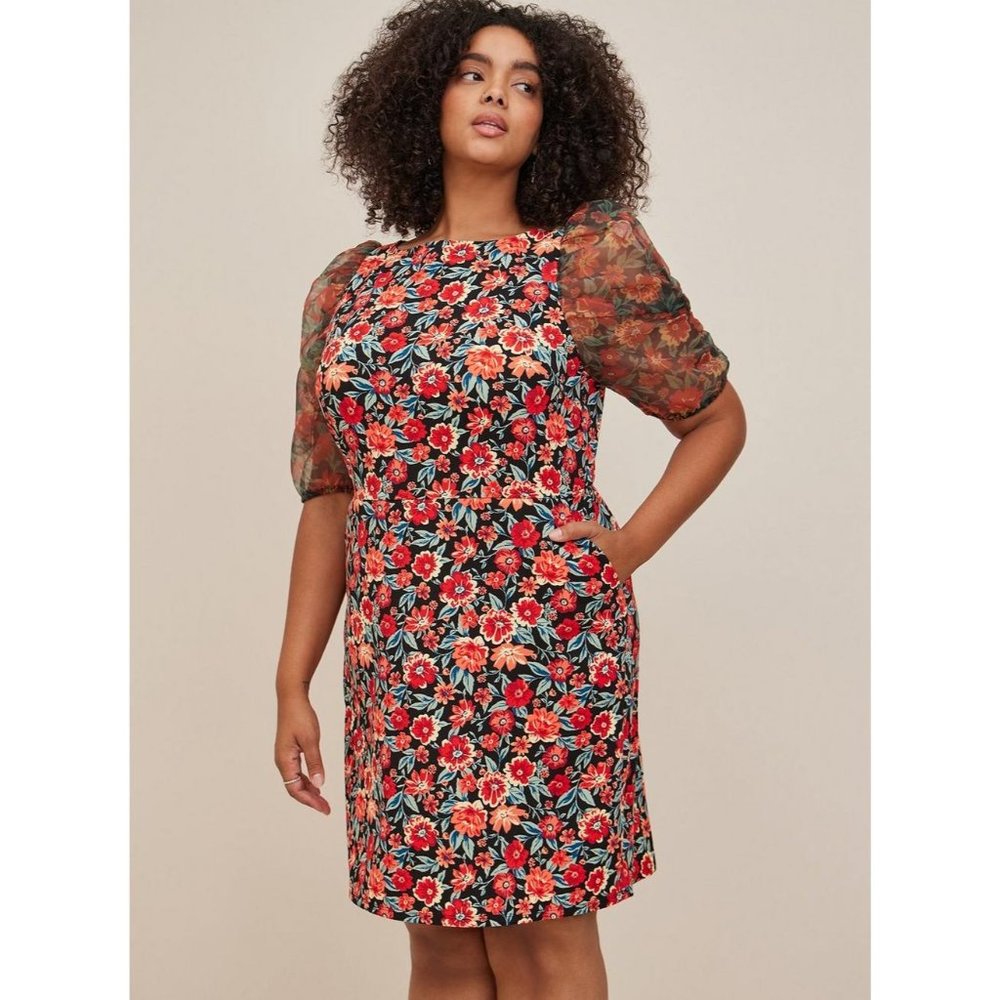 Torrid Multicolored Mini Scuba Crepe And Organza High Neck Puff Sleeve Dress - 2